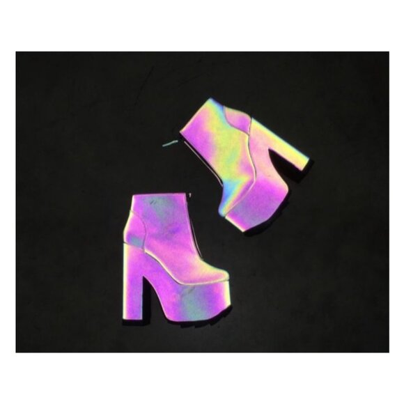 YRU Womens Nightmare Platform Reflective Boots Size 7 Y2K Dolls Kill Chunky Glow - Picture 1 of 14